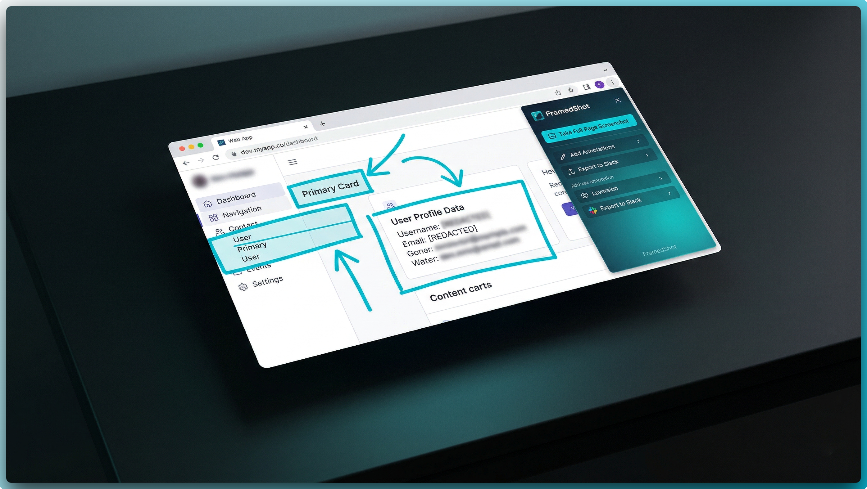 A developer dashboard with API key, database URL, and session token fields redacted with solid blocks before sharing.