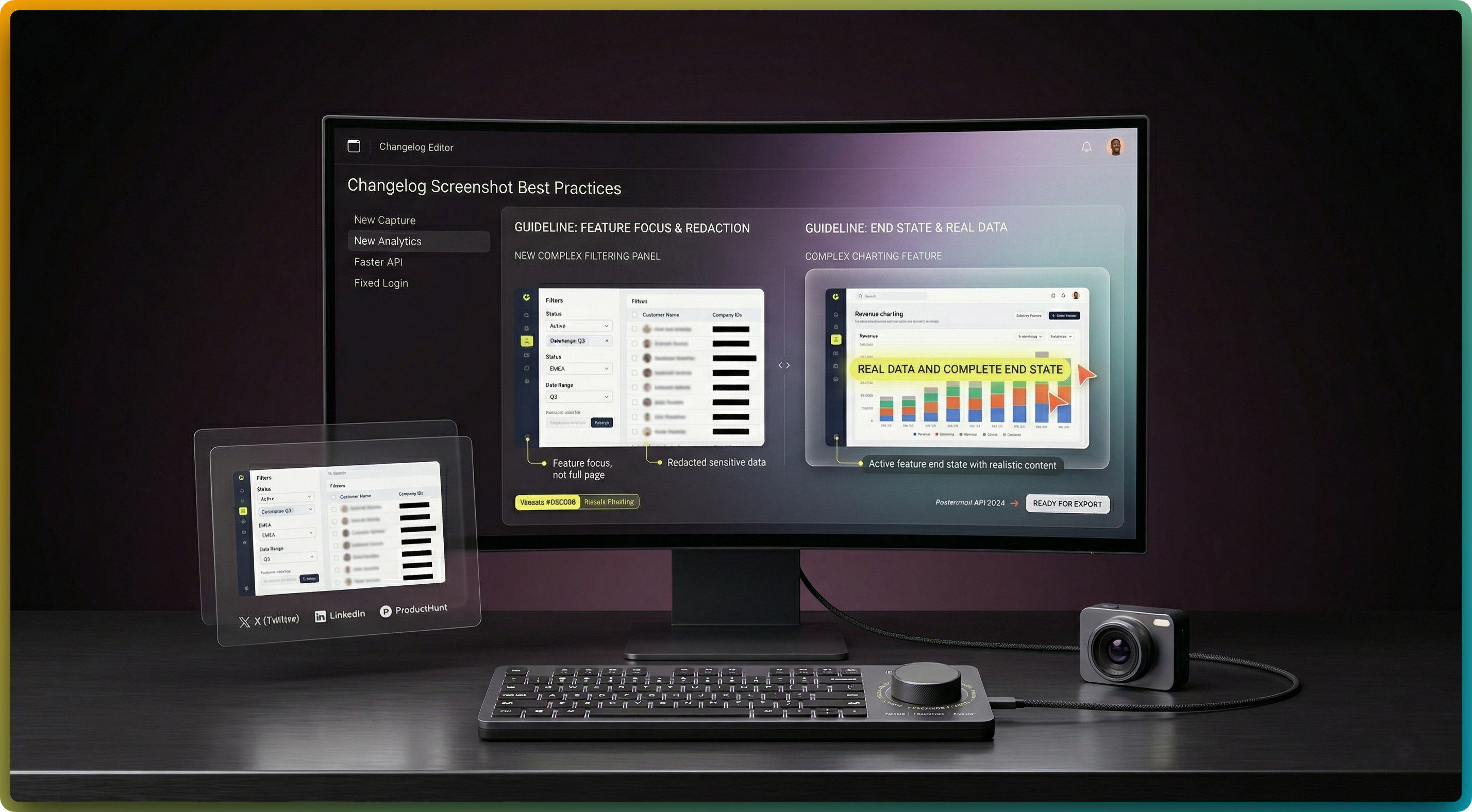 A polished changelog screenshot showing a new feature UI inside a browser frame with gradient background, ready to share.