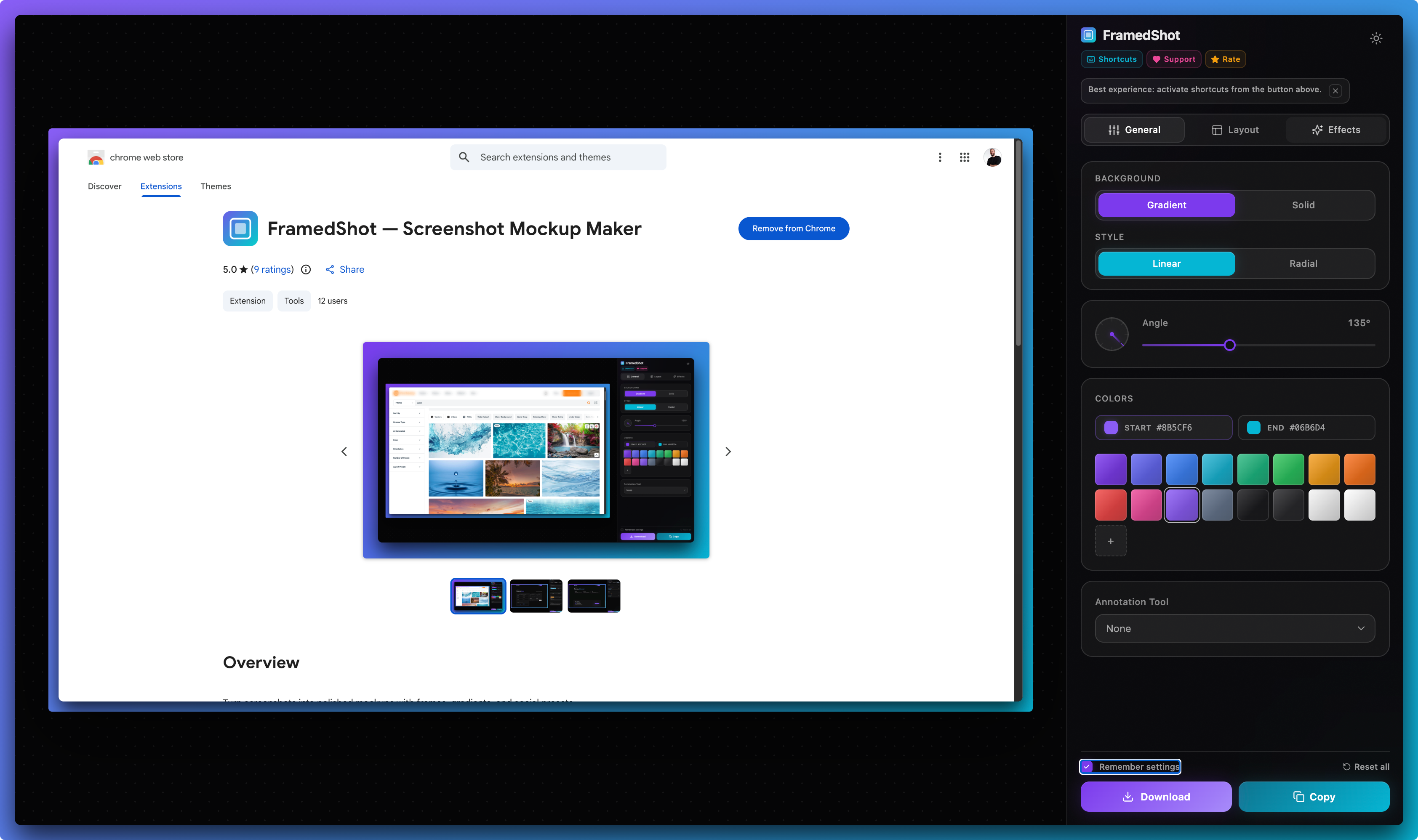 FramedShot editor showing a Chrome Web Store screenshot styled with a browser frame and gradient background.