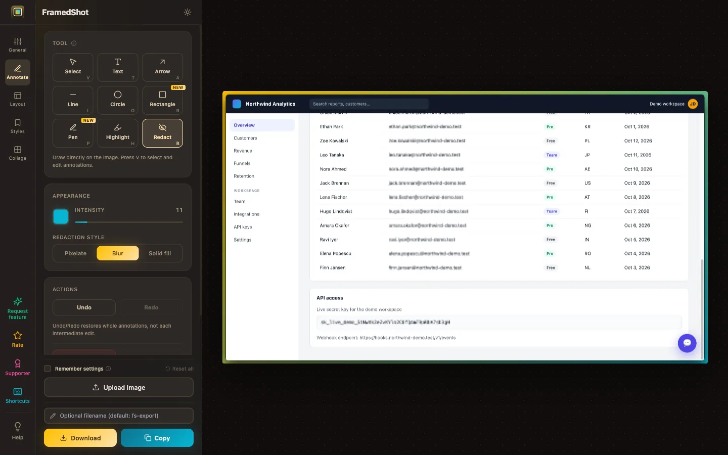 FramedShot editor with the Redact tool selected and Blur style, blurring an email column and an API key in a demo dashboard