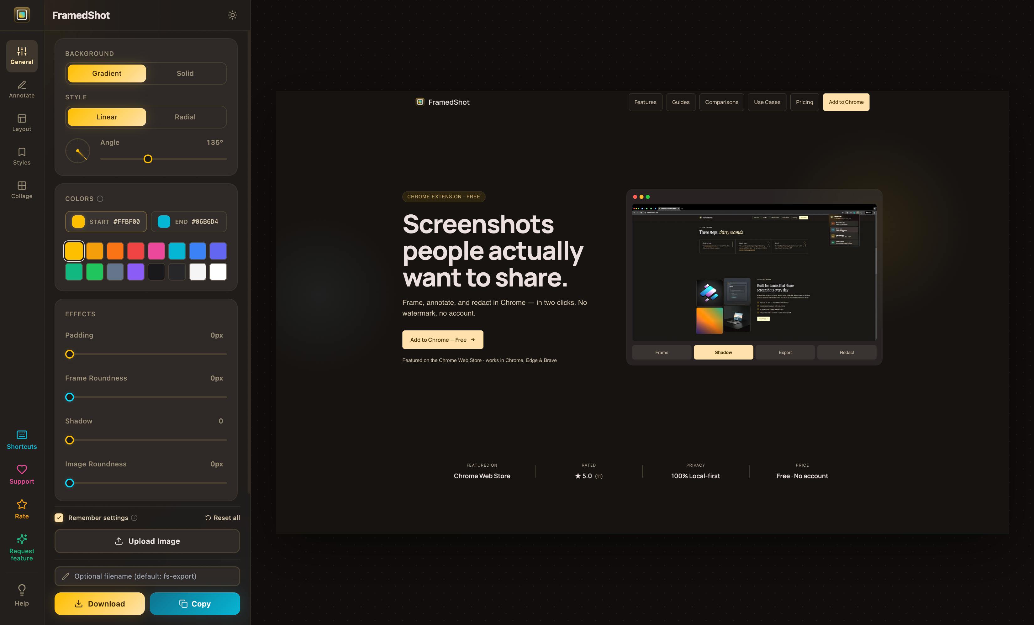 FramedShot editor showing the General tab — background gradient controls, colour palette, padding, frame roundness, shadow, and image roundness sliders, with a framed FramedShot landing page in the preview canvas
