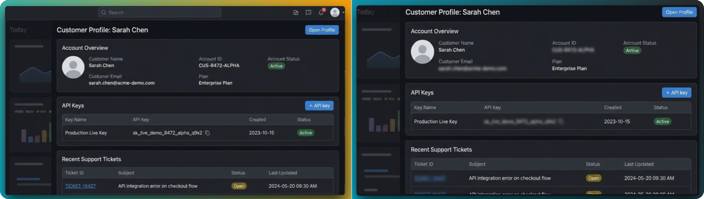 Before and after comparison showing a support dashboard with visible customer data in the first image and redacted sensitive details in the second image.