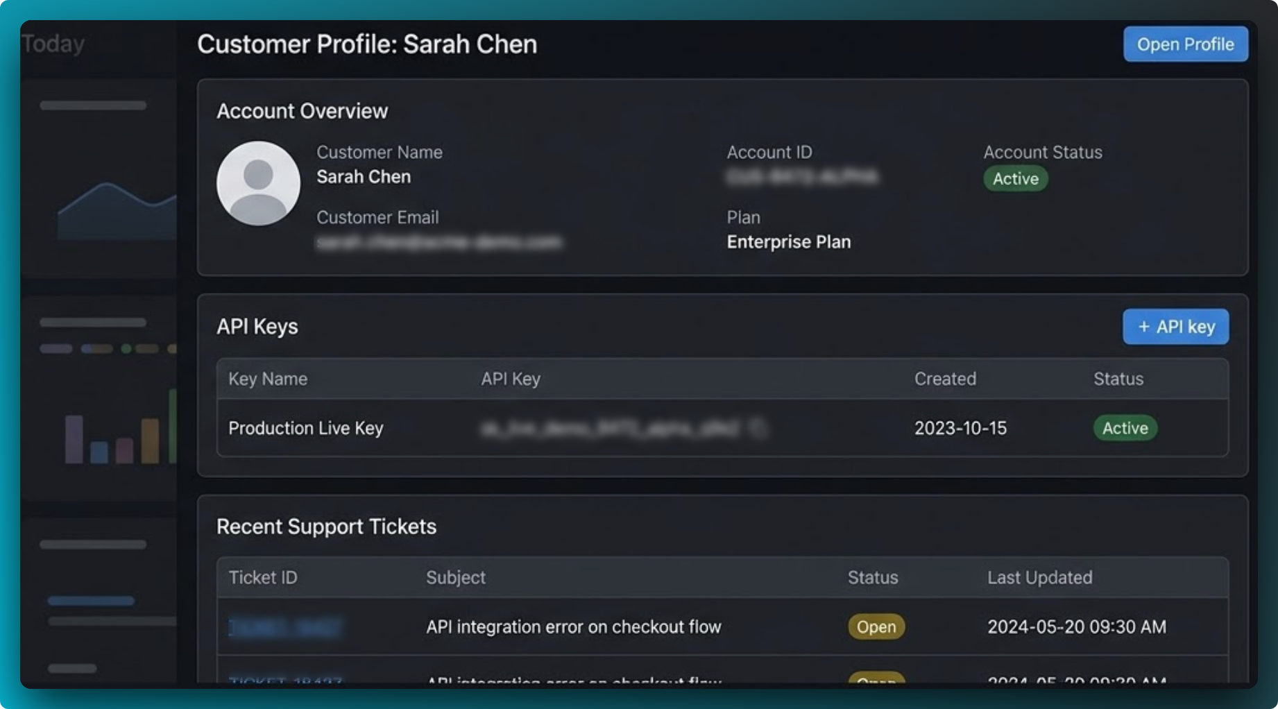 A support dashboard screenshot with customer email, account ID, API key, and ticket ID visibly redacted before sharing.